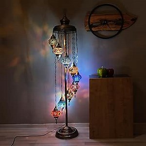 Asylove Turkish Lamp 9 Globe Mosaic Floor Lamp, Mosaic Standing Lamp, Moroccan Lamps, Floor Lamp for Decorative Home Designs Offer 5 inch Globe - Total Height 70 inch (Mix)