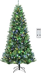 DORTALA Pre-lit Christmas Tree, 8 FT Artificial Xmas Tree with Remote Control, 600 Color-Changing LED Lights, 1605 Branch Tips, 9 Lighting Modes, Folding Metal Stand, Green