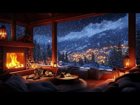 Cozy Cabin with Fireplace, Sleeping Pets & Snowy Mountain Village at Night