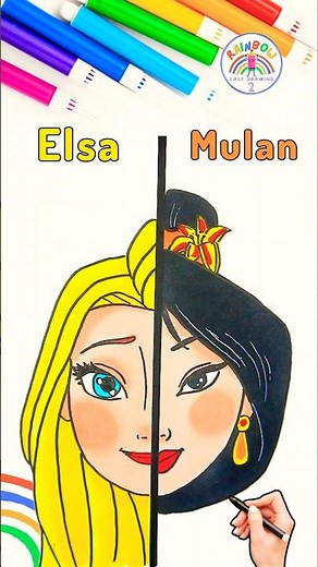 Draw Elsa VS. Mulan Easy Tutorial | Drawing of Elsa and Mulan 🌈👸🏼 #frozen #drawing #shorts #elsa