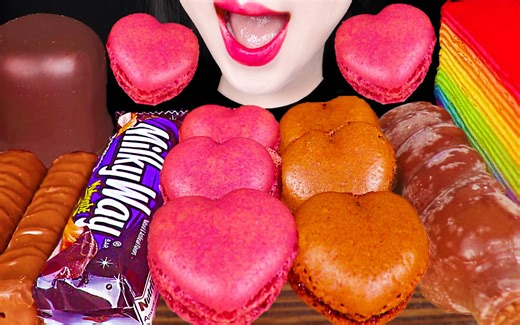 Jane ASMR PINK CHOCOLATE MACARON ICE CREAM CREPE CAKE EATING