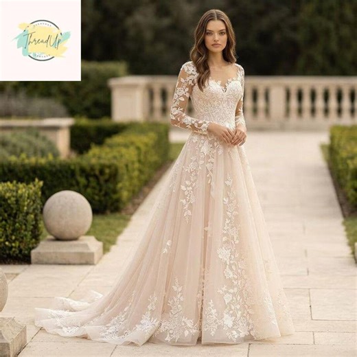 Long Sleeve Lace Wedding Dress A Line Bridal Gown O Neck Applique Sweep Train Elegant - Etsy