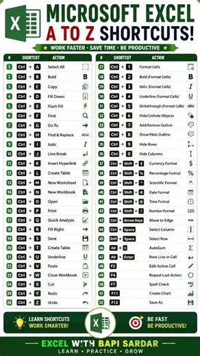 🚀 Master Microsoft Excel from A to Z with these essential keyboard shortcuts! ⌨️