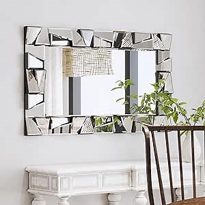 Chende Large Living Room Mirror for Decor, 44'' x 24'' Modern Decorative Wall Mirrors with Uneven Glass Frame, Rectangle Elegant Mirror with Glass Beveled Edge for Entryway, Dining Room, Bedroom