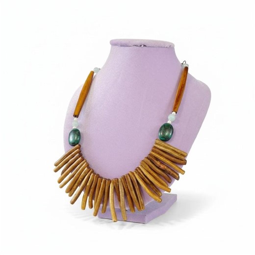 Boho Necklace With Golden Coral Beads and Hand Carved Wood Bib - Etsy