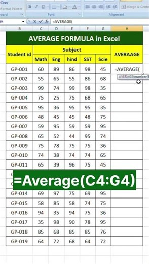 AVERAGE Formula in Excel | Hou to use average function in excel #reels #average #excel #shots