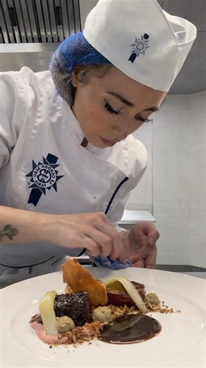 Becky Hicks | Glazed ox cheek • roasted pigeon • potato & celeriac pave • beetroot puree • beetroot tuille • glazed leek • chestnut crumb • burgundy jus... | Instagram