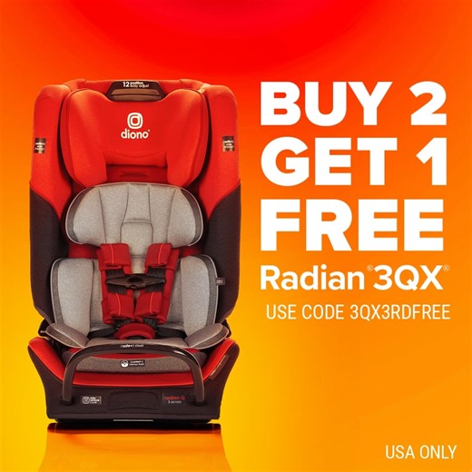 🚨 There's still time to save big when you buy two, get 1 Radian® 3QX FREE! 🚨 This advanced 3-Across All-In-One™ convertible car seat comes with 3-stage newborn safety and 15 SafePlus™ features for ultimate protection from birth to booster (4 - 120 lb). Use code 3QX3RDFREE to upgrade your back seat for less! https://bit.ly/46XsQaL | Diono