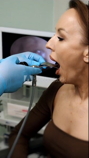 Close up of an ENT doctor performing a throat endoscopy examination on a patient using a medical endoscope and metal tongue depressor in a modern clinic during diagnostic procedure.