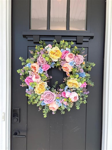 Spring Door Wreath, Pastel Rainbow Artificial Flowers With Eucalyptus - Etsy