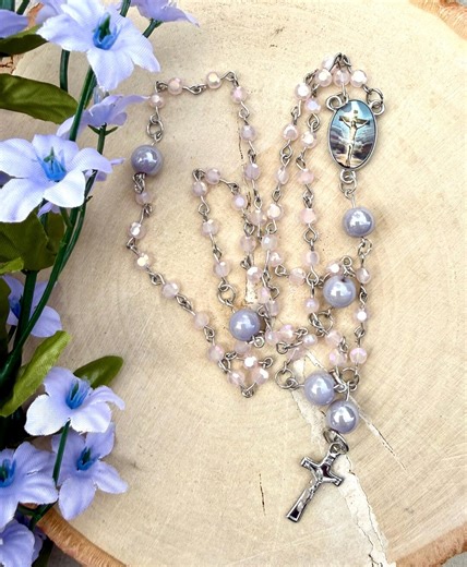 Gray Glass Rosary, Pink Glass Rosary Beads, Catholic Rosary, Silver Rosary, Handmade Prayer Beads, Religious Gift