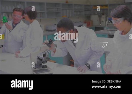 lead holding flask and pointing lab team focusing microscope and observing math overlay showing. Laboratory, students, instructor, bench, glassware, goggles, gloves Stock Video Footage - Alamy