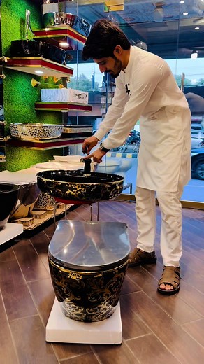 Golden black design wall hung commode #interiordecor #washbasin #mixer #interiordesign #bathroom #interiordesign #kitchensink #homedecor #house #design