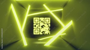 Animation of neon qr code moving in green digital space