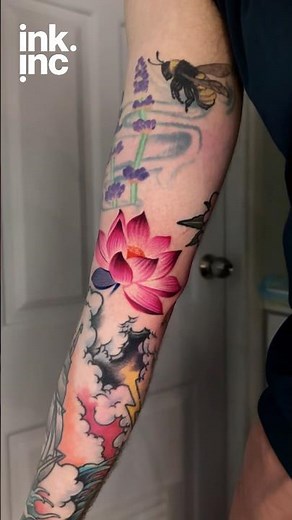 Color Lotus Flower Tattoo on Inner Arm.