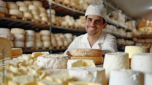 A master cheesemaker stands amid a wide selection of handcrafted cheeses, grinning pleasantly.