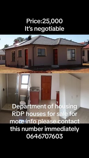 A maximum of 250 RDP houses are for sale under City of Johannesburg. The RDP house include housing allocation documents and title deeds.the selling price of RDP house is R25,000 and the price is negotiable. The areas that RDP houses are available: • Lufhereng - 46 RDP houses • Westonaria Borwa - 34 RDP hoUses • Fleurhof- 56 RDP houses • Savannah City - 50 RDP houses • Palm ridge - 64 RDP houses About the RDP house * 2 bedroom * 1 bathroom with toilet * Kitchen room * Dinning room * Running water