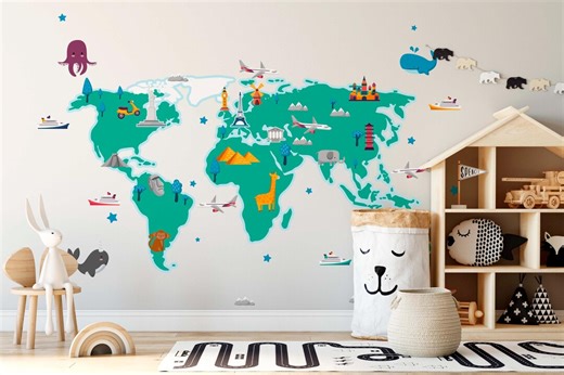 World Map Wall Decal - Large World Map for Kids - Mural Self-adhesive - Etsy