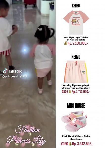 Harga outfit Lily ke sekolah hari ini✨🌈🩷 ------------------------------------------ Lily is wearing 🐯Girl Tiger Logo T-Shirt in Pink and White 🐯Varsity Tiger-appliqué drawstring cotton skirt Brand : Kenzo Kids 🐰Pink Mesh Chieco Saku Sneakers Brand : Miki House #fashion_princesslily #princesslilyspill #raffinagita1717 #princesslily #ranaima