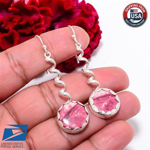 Pink Thulite Drop Dangle Earrings 925 Sterling Silver Lavender Stone Jewelry - Etsy