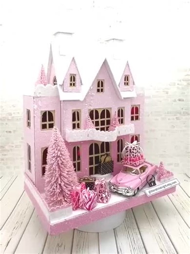 Putz Glitter House Chateau With Pink Cadillac. - Etsy