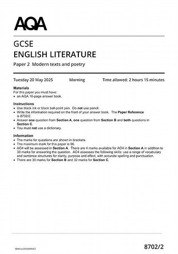 AQA GCSE English Literature Paper 2 2025