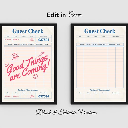 Editable Guest Check Template, Guest Check Wall Art, Apartment Wall Decor, Guest Check Receipts Restaurant, Blank Guest Checklist, Canva PDF - Etsy Australia