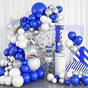 GREMAG Blue and White Balloon Garland Kit, Royal Blue Silver Balloon Arch Kit, with Silver Confetti Balloon Laser Star Foil Balloon, for Birthday Graduation Pool BBQ Ocean Theme Party Backdrop