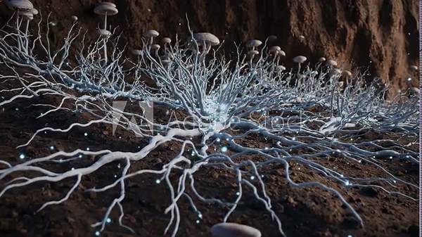 Mycelium Network: Underground Fungal Root System - A detailed close-up of a glowing mycelium network, showcasing the intricate underground root system of fungi distributing nutrients.
