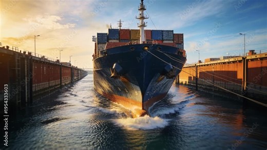 Cargo ship container canal shipping trade transport sunrise maritime logistics vessel powering through narrow water channel
