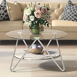 ASYA Round Coffee Table with Storage, 2-Tier Glass Coffee Table for Living Room, Modern Living Table with Tempered Glass & Metal Frame (Faux Marble)
