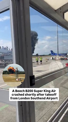 AVIATION NEWS on Instagram: "🚨 BREAKING: A Beech B200 Super King Air crashed shortly after takeoff from London Southend Airport, erupting into a massive fireball. Emergency services are responding, and all flight operations have been suspended. – Aircraft: Twin-turboprop Beechcraft B200 Super King Air – Altitude: Never climbed above 175 feet – Status: Number of people on board still unknown 🎥 X Agustina ©️ #PlaneCrash #SouthendAirport #AviationAccident #Beechcraft #EmergencyLanding #AirCrash #