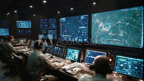 Military Personnel Monitoring Screens in a Control Room, Tracking Data and Analyzing Information for National Security