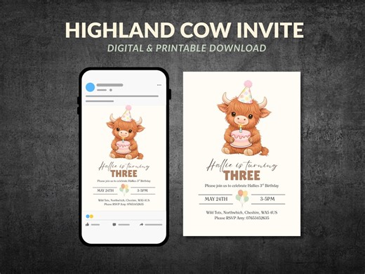 Highland Cow Birthday Invitation | Farm Animal Party, Editable (5x7 Printable & Digital Download) - Etsy