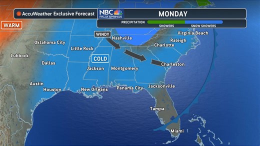Wednesday's USA Coast-to-Coast Weather Outlook! • Significantly colder weather to move over the Eastern two-thirds of the country • Temps will tie or break many records across the Southeast • Moderate to heavy lake effect snow downwind of the Great Lakes @JerrySteffen @NBCPalmSprings | NBC Palm Springs