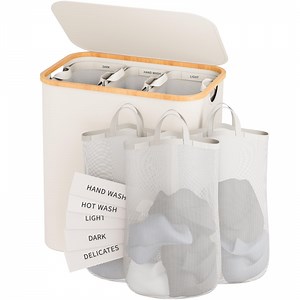145L Laundry Hamper – 3 Sections, Lid-Included Dirty Clothes Organizer with Removable Inner Bags & Labels, Beige, For Laundry Room/Bedroom