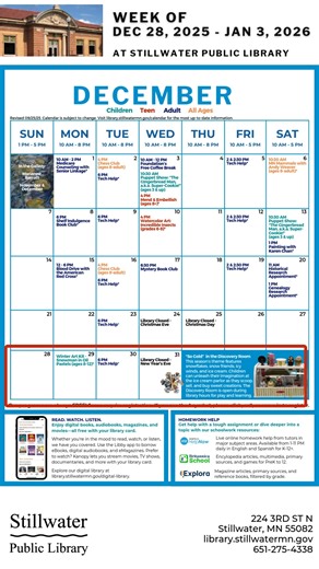 📆 December 28, 2025 - January 3, 2026 at Stillwater Public Library Here’s what’s happening this week at the library! 📌 All programs are free — some require registration. ☃Winter Art Kit - Snowman in Oil Pastels: Pick up for Registered Participants: Monday, Dec 29 10am-12pm and 1pm-3pm 💻Tech Help: Tue, Dec. 23 @ 6 PM ❇️Building Closed Wed, Dec. 31 and Thurs, Jan 1 🍨"So Cold" in the Discovery Room Through February 💻Tech Help: Tue, Dec. 23 @ 6 PM ❄️Want the full list of upcoming programs? Chec