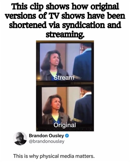 This Cosby Show clip exposes how syndication and streaming services quietly shorten episodes—cutting original versions to fit ad breaks or modern pacing. Notice the difference between the broadcast tape and CD release? Most viewers have no idea these edits even exist. It’s a fun example of a bigger problem: original media vanishing. Books get banned. Vinyl, VHS, cassettes, DVDs, news broadcasts—history gets rewritten when we lose access to the source material. Without preserving complete origina