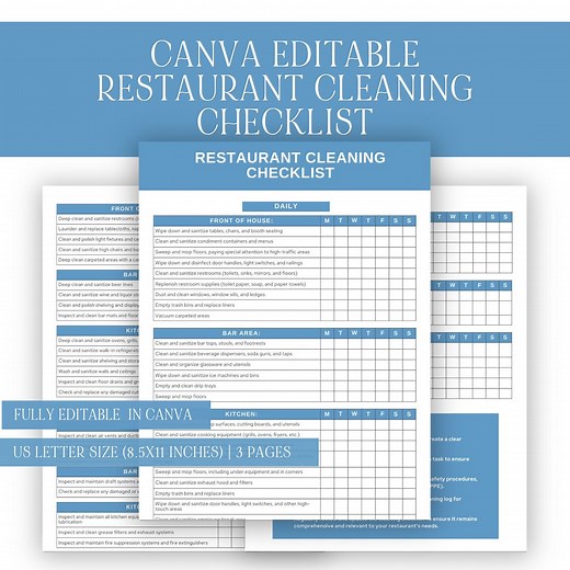 Restaurant Cleaning Checklist Template: Editable Canva Design (PDF) - Etsy