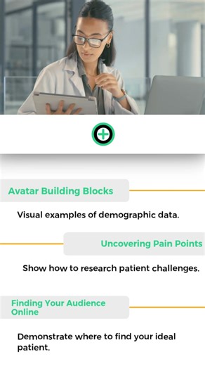 Unlock the secrets to connecting with your ideal patients! We're quickly explaining why an avatar is essential for targeted marketing, providing visual examples of demographic data, showing how to research patient challenges, demonstrating where to find your ideal patient online, and highlighting the importance of being always ready and responsive to their needs. Learn how to build a practice that resonates with the right patients! #PatientAvatar #TargetedMarketing #DemographicData #PatientChall