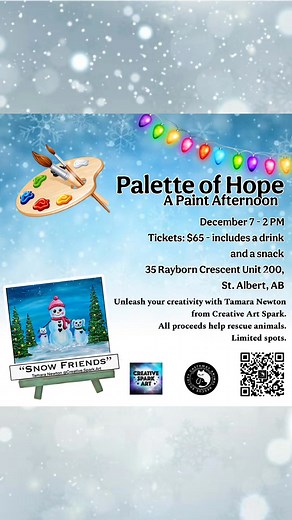 Palette of Hope, A Paint Afternoon Fundraiser for Castaway Animal Rescue Society 🐾 https://www.zeffy.com/en-CA/ticketing/palette-of-hope-paint-afternoon GET YOUR TICKETS HERE ⏫️ Spend a cozy afternoon of creativity, compassion, and community! On December 7th at 2:00 PM, join us for a guided painting session, creating “Snow Friends” with the incredibly talented Tamara Newton from Creative Art Spark. Whether you’re a seasoned artist or picking up a brush for the first time, this event is for all 