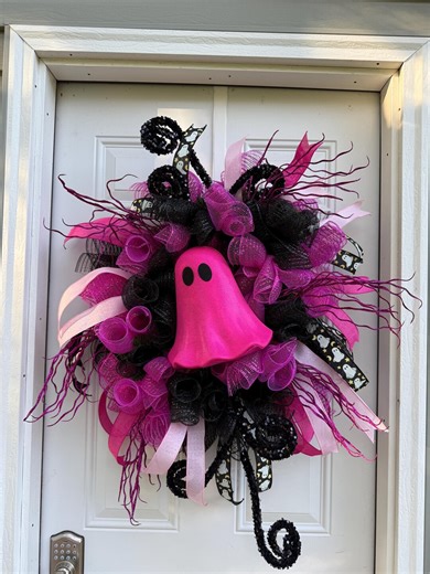 Pink and Black Halloween Ghost Deco Mesh Wreath - Etsy
