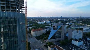 Berlin Estrel tower under construction. Fantastic aerial view flight drone
