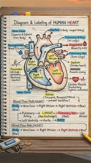 Human Heart Diagram ❤️🫀 Complete NCERT labeling & blood flow in 1 frame! #BiologyShorts