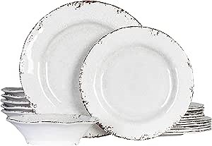 Vintage Melamine Dinnerware Sets, 18 Piece Lightweight and Unbreakable Outdoor Plates and Bowls Set, RV Dishes Set of 6, Chip Resistant Kitchen Plate Set for Indoor and Outdoor Use, White