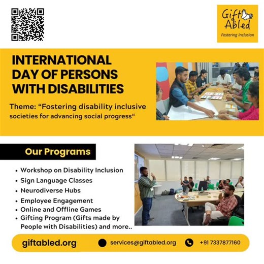 🌍 International Day of Persons with Disabilities 2025 🌍 Theme: “Fostering disability-inclusive societies for advancing social progress” Inclusion isn’t just a policy, it is a mindset (and honestly, a great way to avoid those “Oops, we didn’t think of that!” moments 😅). At GiftAbled, we work every day to turn workplaces into spaces where everyone feels seen, heard, and valued. From Sign Language classes where everyone discovers they do in fact have flexible fingers, to Employee Engagement sess