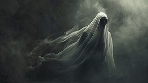 Scary ghost on dark background. Fear and depression concept