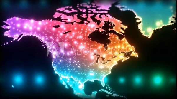 Colorful LED-lit map of North America with a rainbow gradient against a dark background.