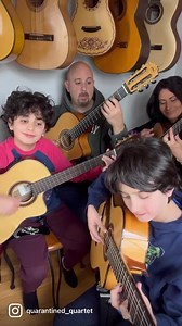#QuarantinedQuartet practice day 736! Practicing our song “Vals En Cuatro” underneath our guitar-repair rack. The Disney Coco guitar by Cordoba Guitars fitting perfectly above Jason’s head. 🤣 . . . . . #guitar #guitars #cordobaguitars #acousticguitar #spanishguitar #classicalguitar #flamencoguitar #familyband #familygoals #rumbaflamenca #disneycocoguitar #disneycoco #guitarplayer #guitarist #kidguitarist #guitarra #family #familytime #familygoals #movie #fingerstyle #brooklyn #guitarlessons #ny