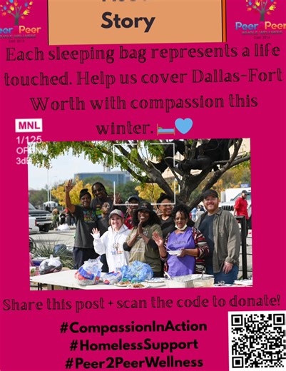 We’re on a mission to collect 2000 sleeping bags for our unsheltered neighbors here in DFW. At Peer 2 Peer Whole Wellness, the Feeding the Forgotten Sleeping Bag Drive is happening now. Every bag = warmth, every bag = dignity. Want to help?! Link in bio. #selfcare #community #mentalhealth #FeedingTheForgotten #mentalhealth